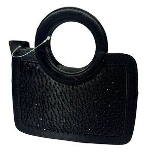 Black Satin Trimmed Evening Special Occasion Handbag Purse Mini Bugle Beads